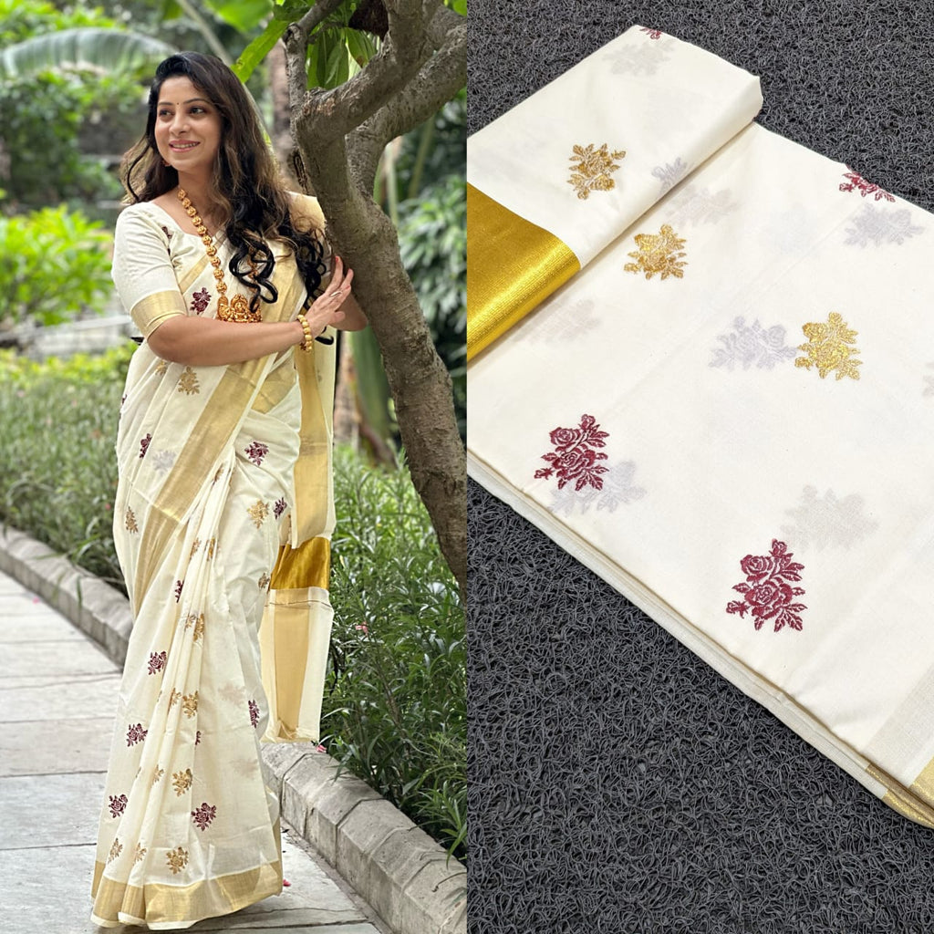 Kerala Cotton Saree With Rose Embroidery