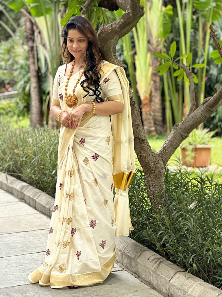 Kerala Cotton Saree With Rose Embroidery