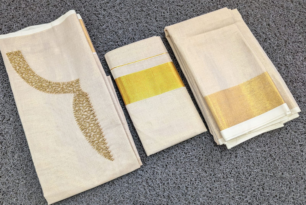 Kerala Golden Tissue Aari Work Salwar Suit Material - Golden