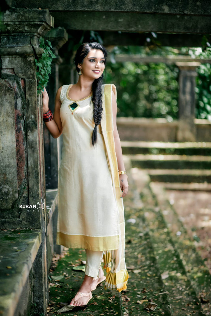 Kerala Golden Tissue Aari Work Salwar Suit Material - Green