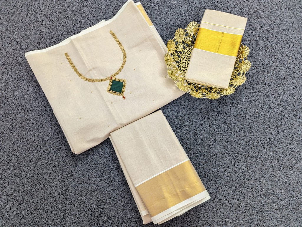 Kerala Golden Tissue Aari Work Salwar Suit Material - Green