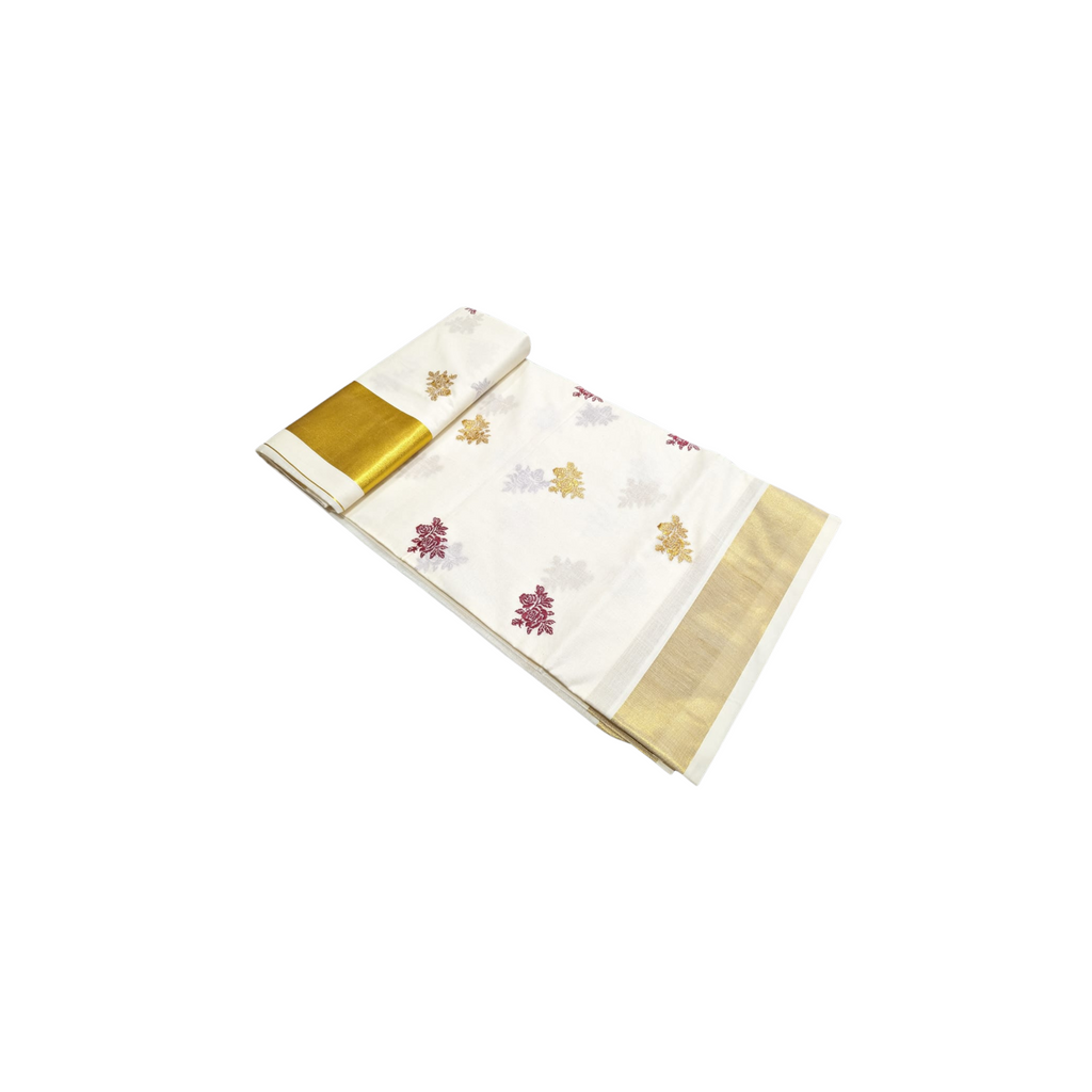 Kerala Cotton Saree With Rose Embroidery