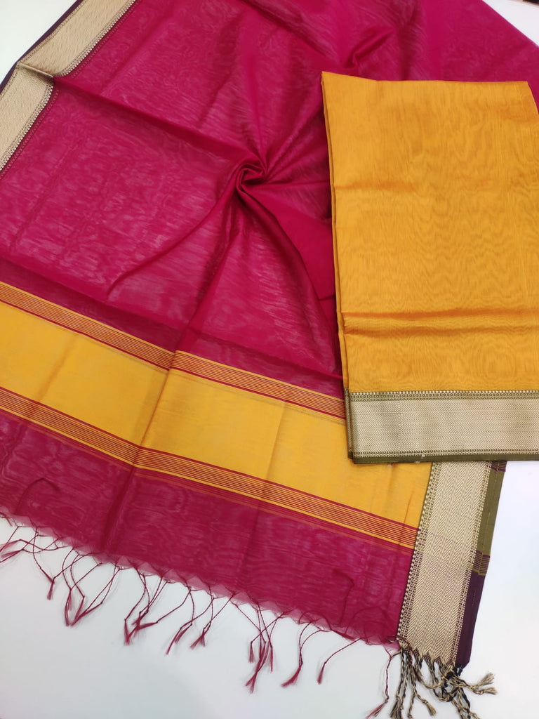 Maheshwari Silk Cotton Traditional Resham Thread Border Top Dupatta Suit Material - Bright Yellow and Pink