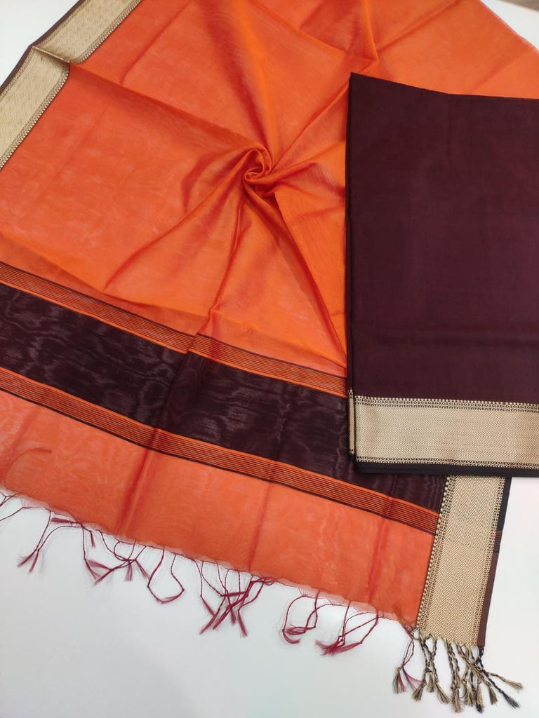 Maheshwari Silk Cotton Traditional Resham Thread Border Top Dupatta Suit Material - Brown and Orange