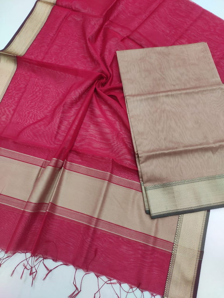 Maheshwari Silk Cotton Traditional Resham Thread Border Top Dupatta Suit Material - Pink