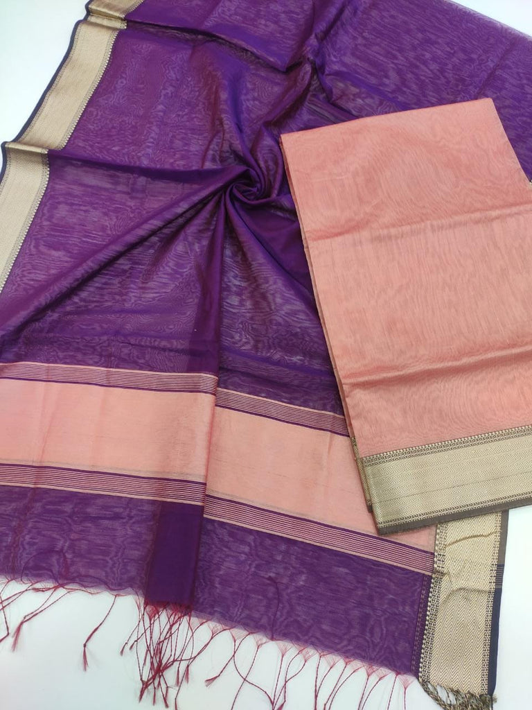Maheshwari Silk Cotton Traditional Resham Thread Border Top Dupatta Suit Material - Pink and Violet