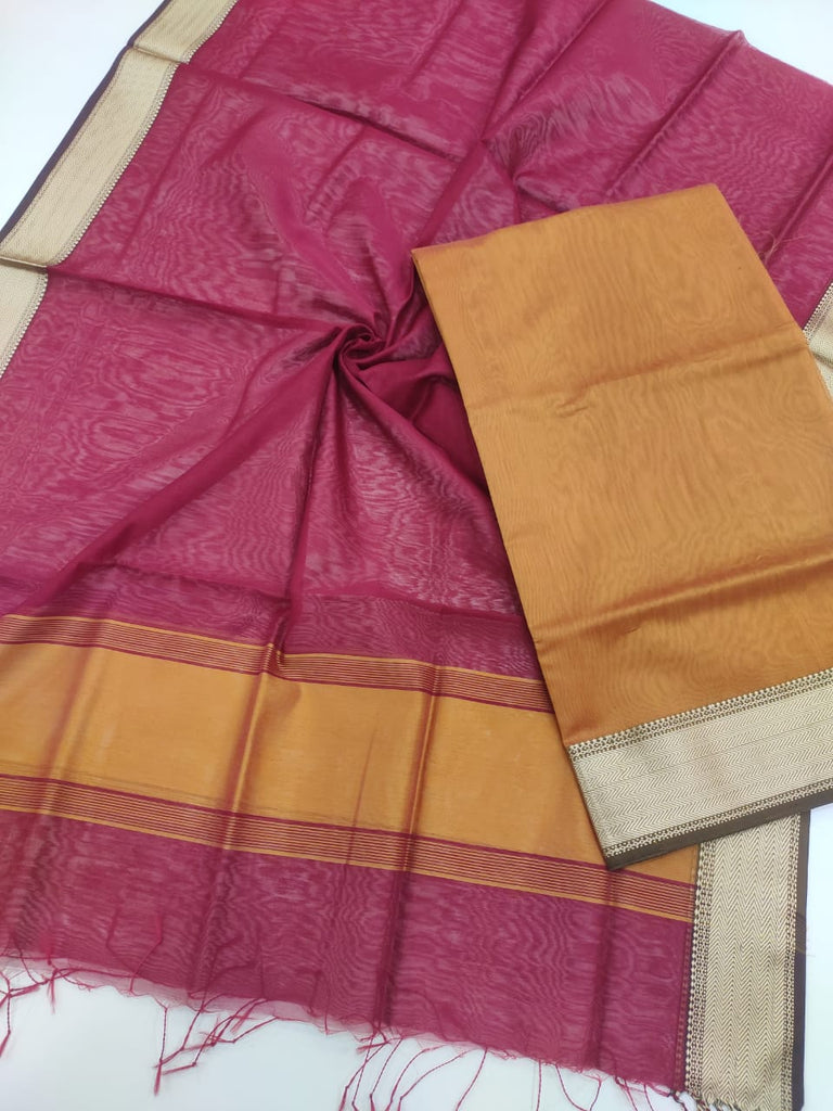 Maheshwari Silk Cotton Traditional Resham Thread Border Top Dupatta Suit Material - Yellow and Pink