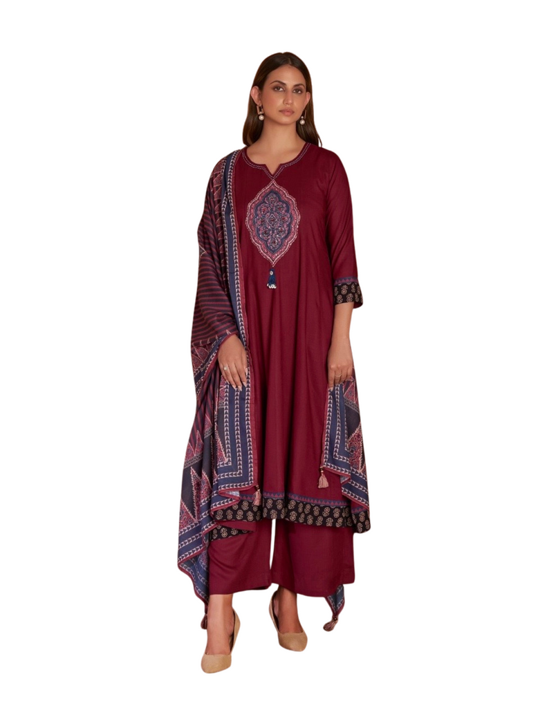 Maroon and Blue Salwar Suit - Cotton - 3 pieces