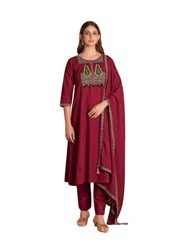 Maroon and Blue Salwar Suit - Cotton - 3 pieces
