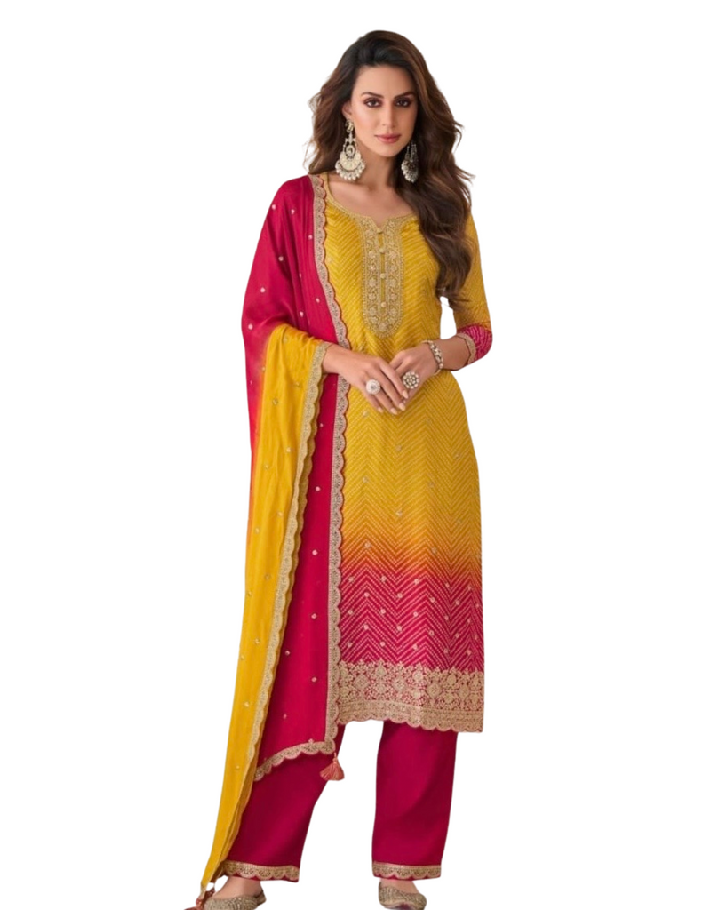Mustard and Red Salwar Suit - Synthetic - 3 pieces