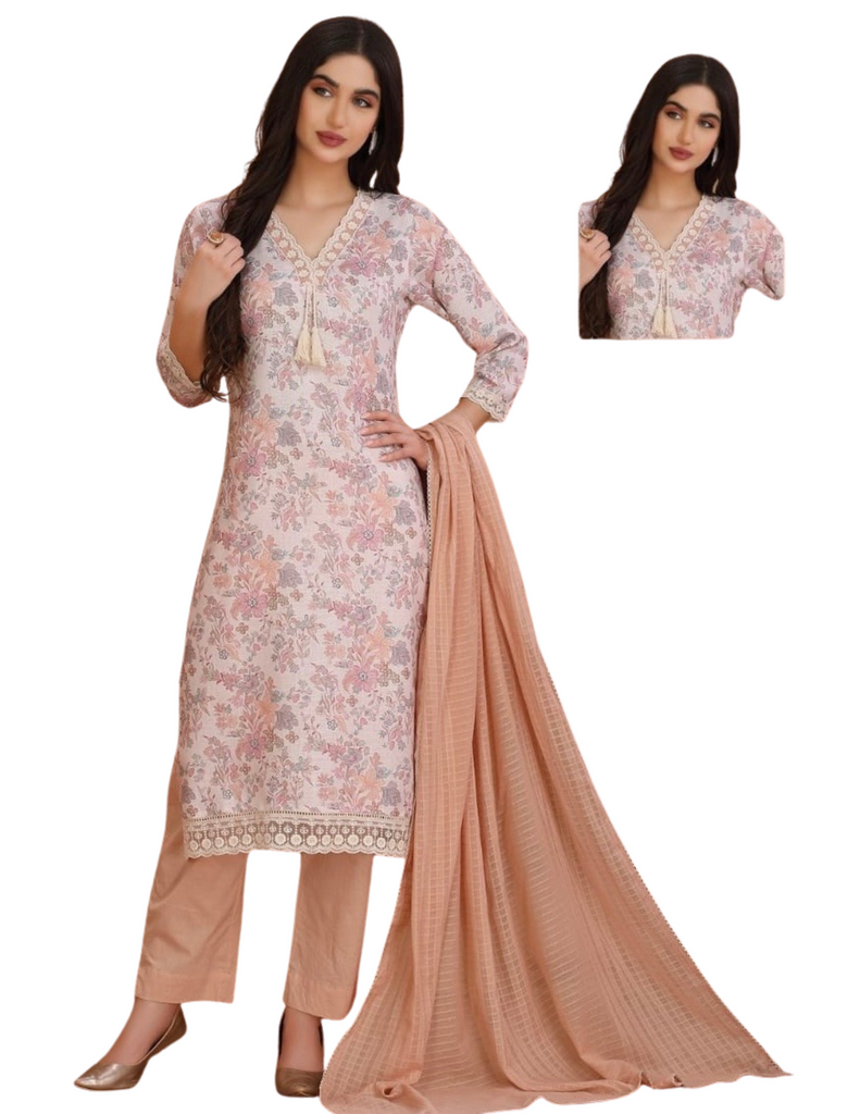 Peach and White Salwar Suit - Cotton - 3 pieces