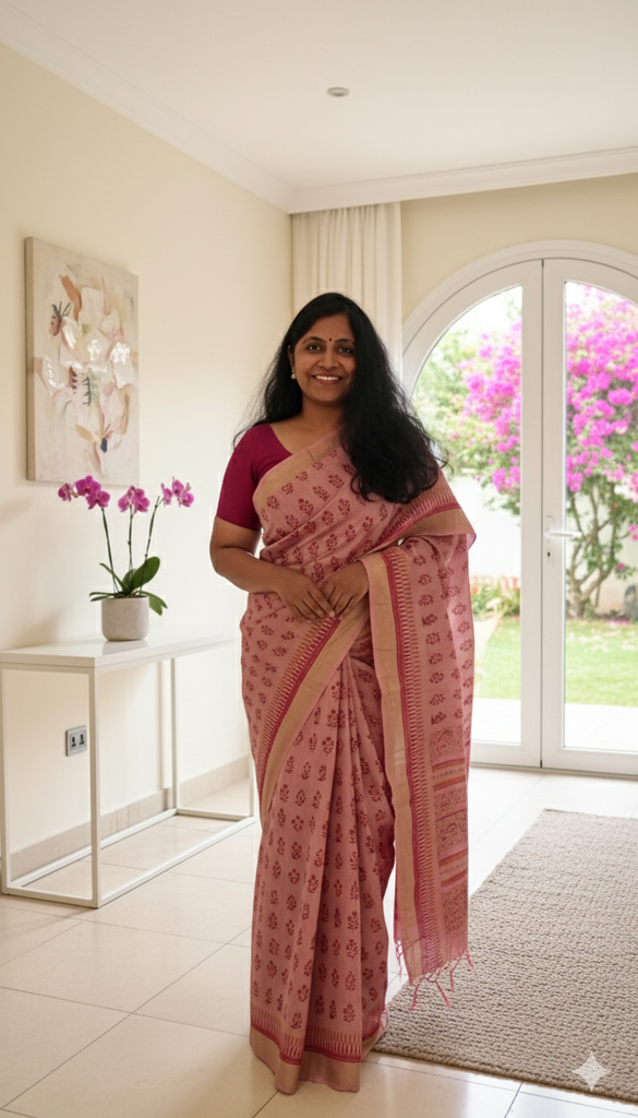 Pink Tussar Silk Saree