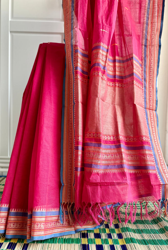 Pure Handloom Pink Cotton Saree With Thread Work and Contrasting Blue Border