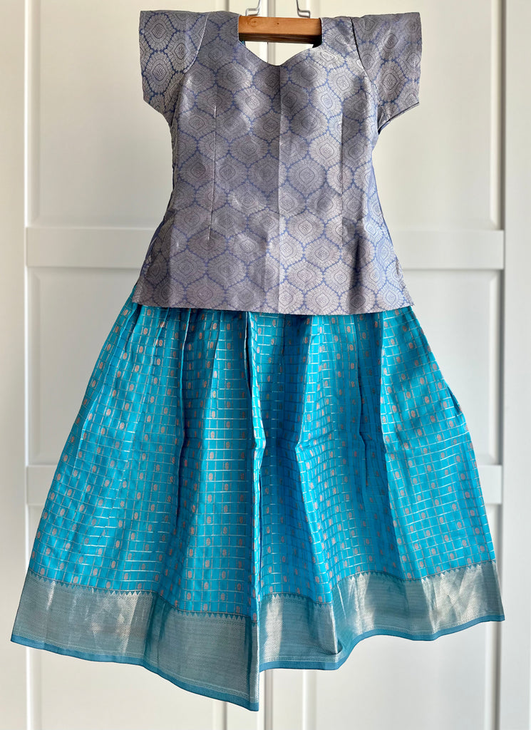 Pure Kanchipuram Silk Pattu Pavadai / Skirt in Light Blue colour with Blue Top - 5 yrs
