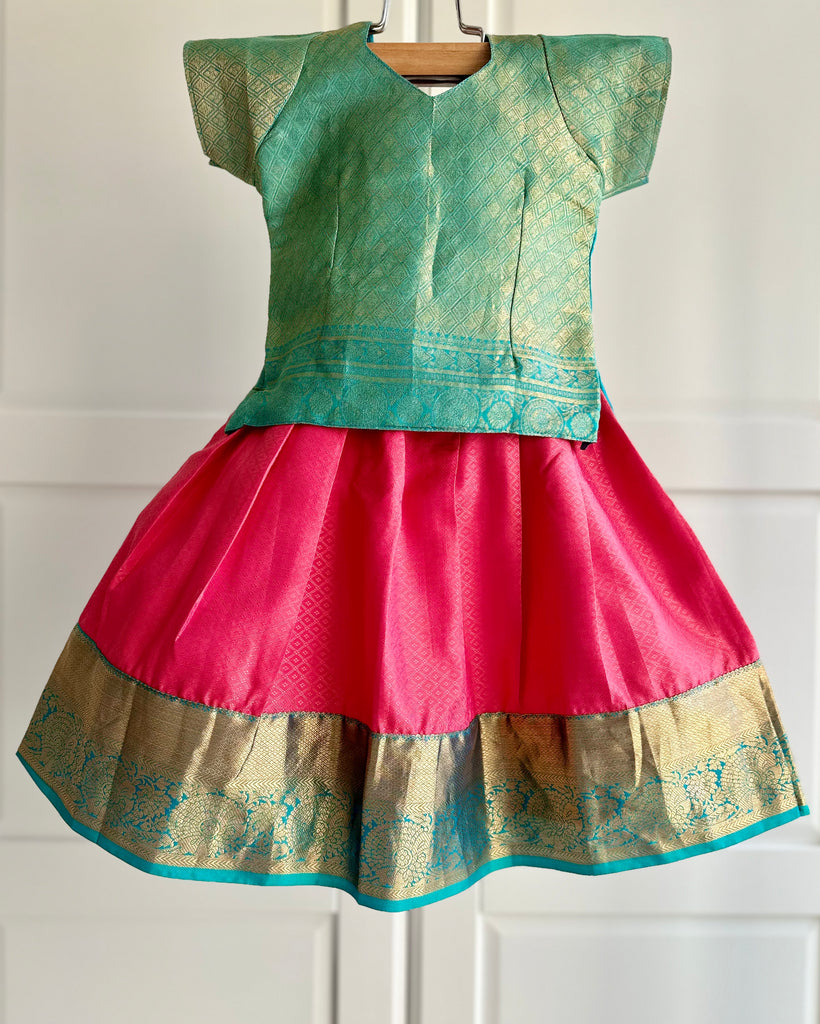 Pure Kanchipuram Silk Pattu Pavadai / Skirt in Pink colour with Blue Top - 1 yr