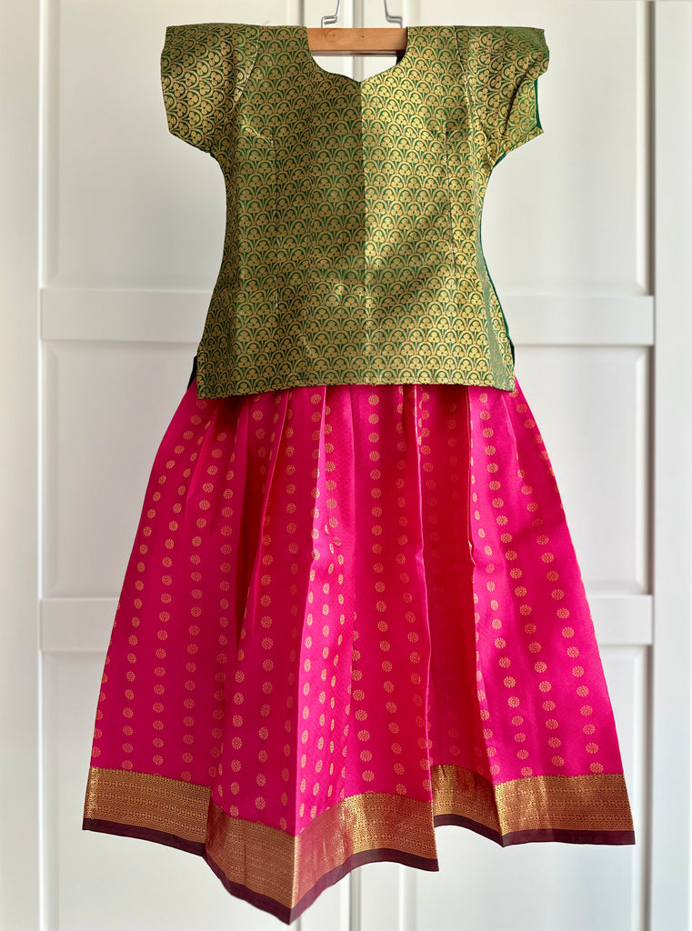 Pure Kanchipuram Silk Pattu Pavadai / Skirt in Pink colour with Green Top - 5 yrs