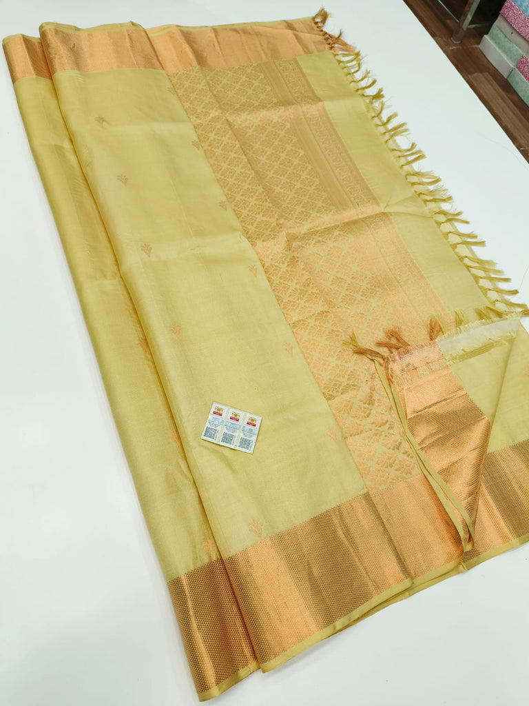 Pure Kanchipuram Silk Saree Cream with designs all over the body and Copper Zari Border