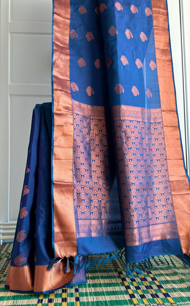 Pure Kanchipuram Silk Saree Dark Blue with designs all over the body and Copper Zari Border