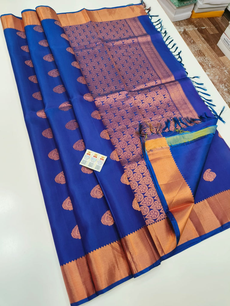 Pure Kanchipuram Silk Saree Dark Blue with designs all over the body and Copper Zari Border