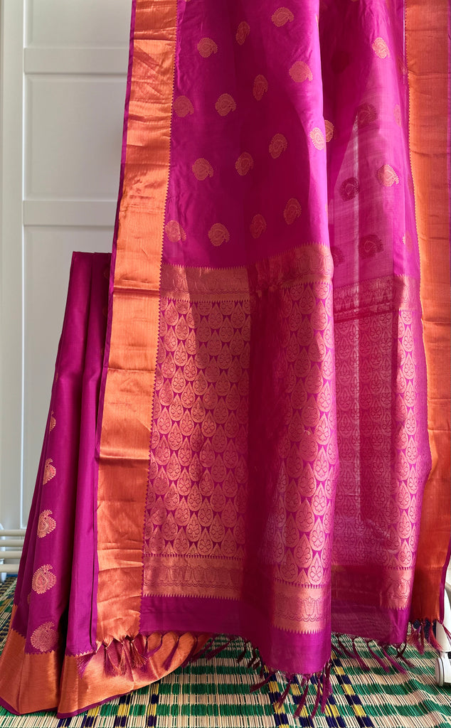 Pure Kanchipuram Silk Saree Magenta with designs all over the body and Copper Zari Border