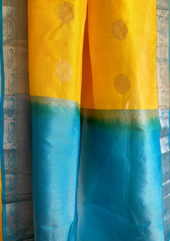 Pure Kanchipuram Silk Saree Yellow and Teal Blue with designs all over the body and Long Golden Zari Border