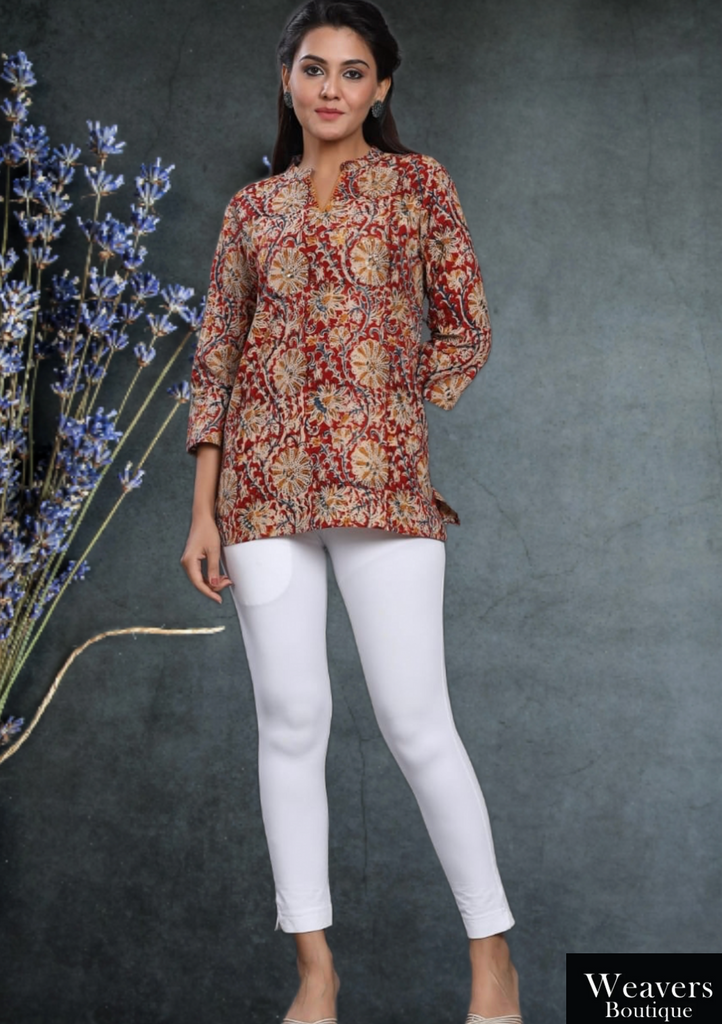 Red Cotton Kalamkari Printed Short Kurta