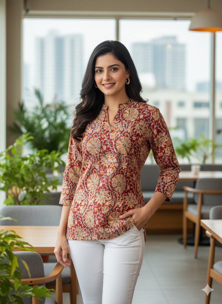 Red Cotton Kalamkari Printed Short Kurta