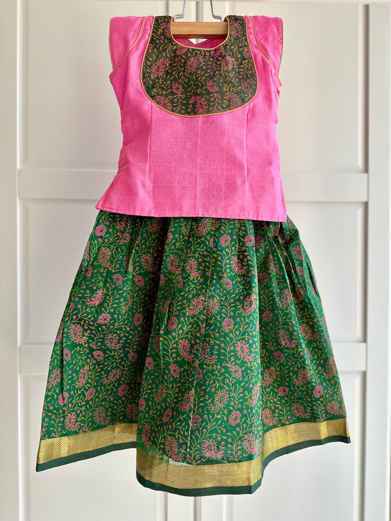 Silk Cotton Pattu Pavadai / Skirt in Green colour with Pink Top - 4 yrs