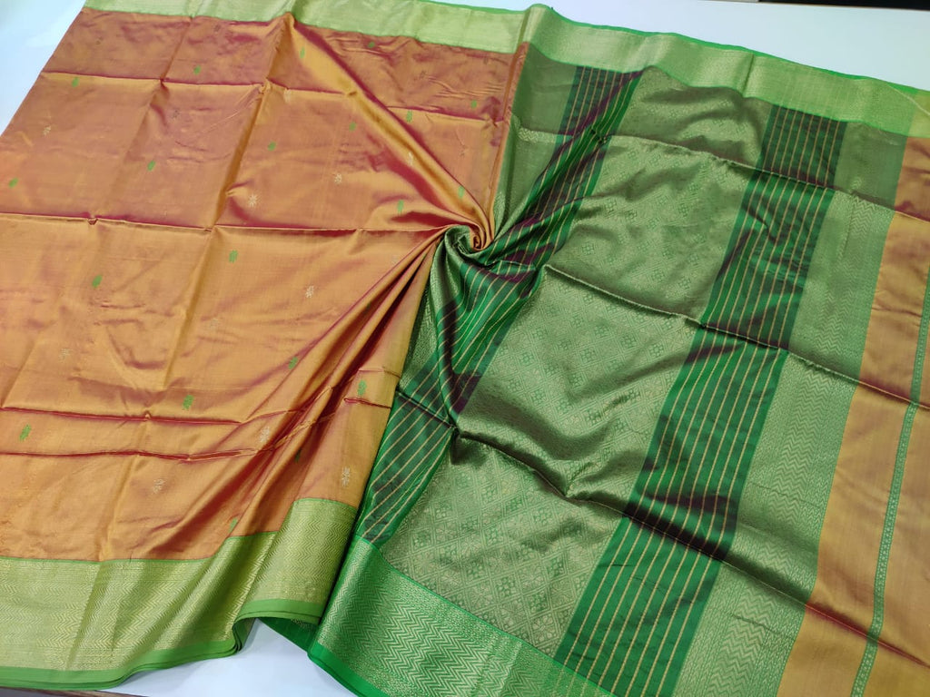 Traditional Maheshwari Handwoven Pure Mulberry Silk Sarees with Rich Weaving Pallu- Orange And Green