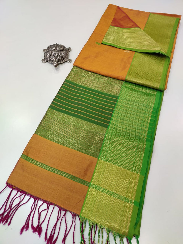 Traditional Maheshwari Handwoven Pure Mulberry Silk Sarees with Rich Weaving Pallu- Orange And Green