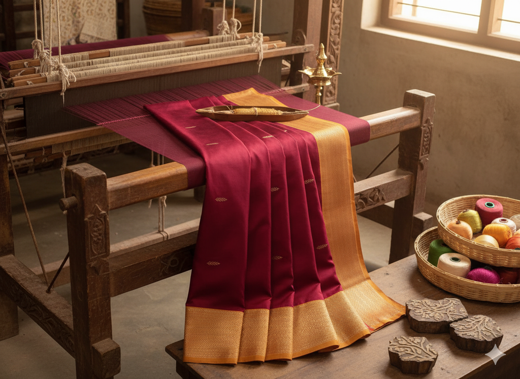 Traditional Maheshwari Handwoven Pure Mulberry Silk Sarees with Rich Weaving Pallu - Red and Yellow
