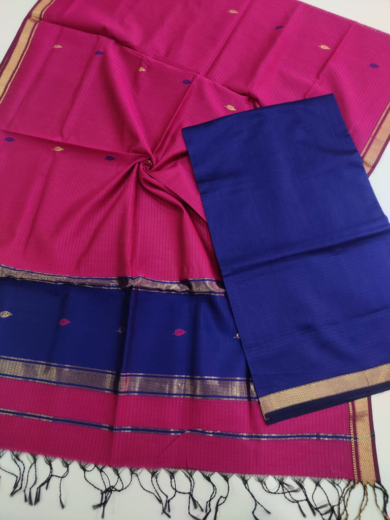 Traditional Maheshwari Silk Cotton Plain Top and Buta Weaving Dupatta Suit Material - Blue and Pink