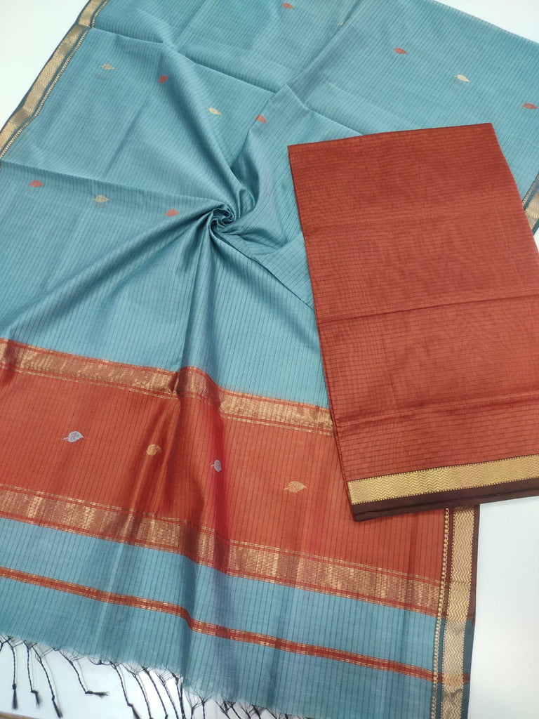Traditional Maheshwari Silk Cotton Plain Top and Buta Weaving Dupatta Suit Material - Brown and Blue