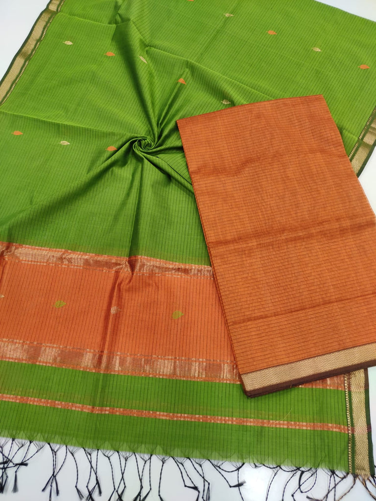 Traditional Maheshwari Silk Cotton Plain Top and Buta Weaving Dupatta Suit Material - Orange and Green