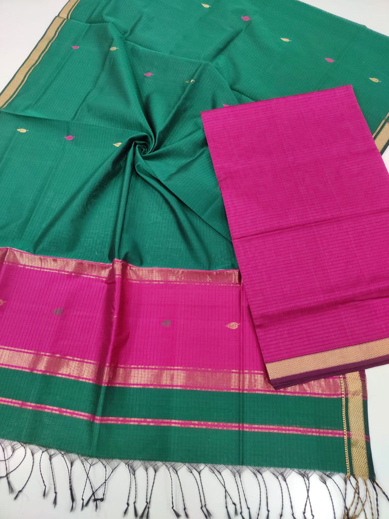 Traditional Maheshwari Silk Cotton Plain Top and Buta Weaving Dupatta Suit Material - Pink and Green