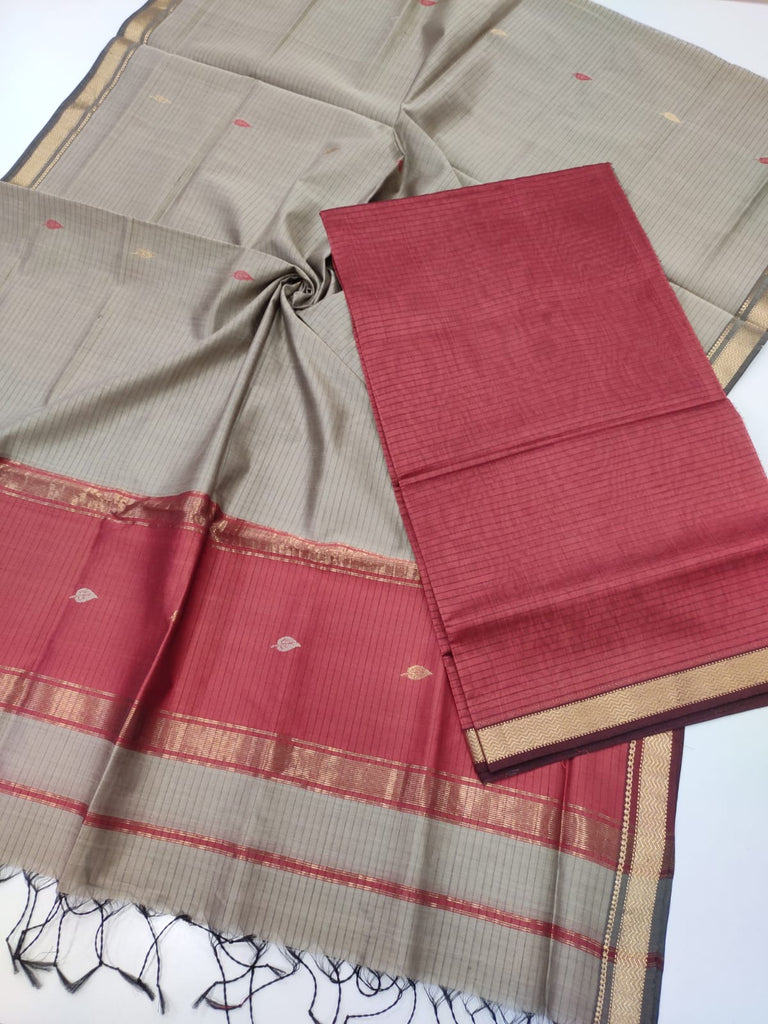 Traditional Maheshwari Silk Cotton Plain Top and Buta Weaving Dupatta Suit Material - Red and Grey