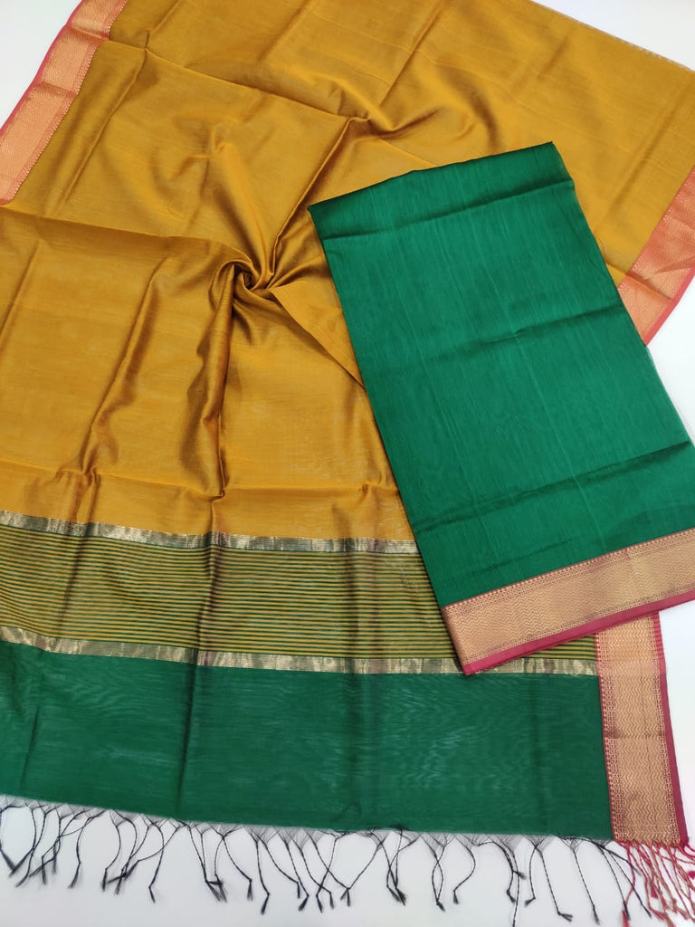 Traditional Maheshwari Silk Cotton Zari Border Top Dupatta Suit Material - Green and Yellow