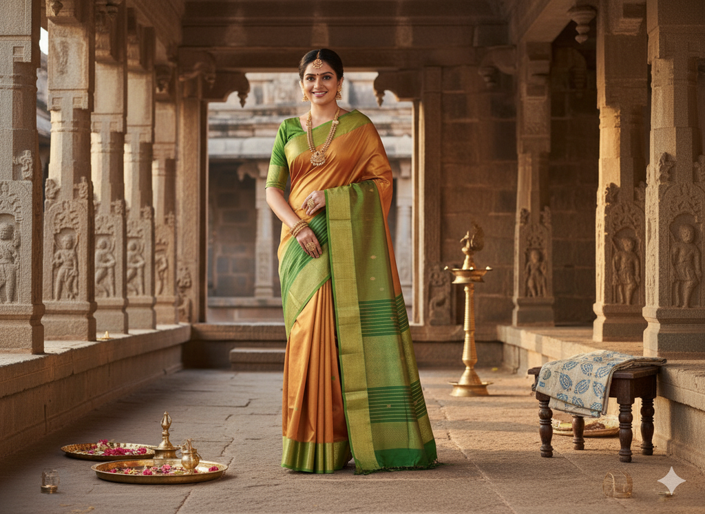 Traditional Maheshwari Handwoven Pure Mulberry Silk Sarees with Rich Weaving Pallu- Orange And Green