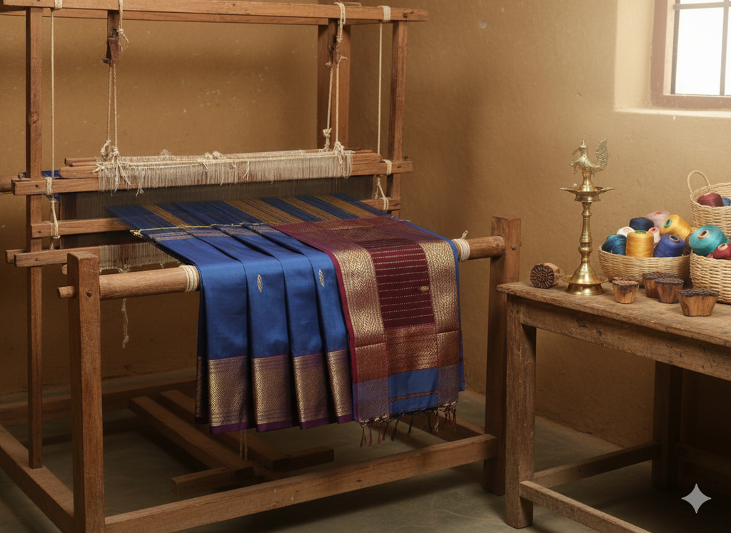 Traditional Maheshwari Handwoven Pure Mulberry Silk Sarees with Rich Weaving Pallu - Blue