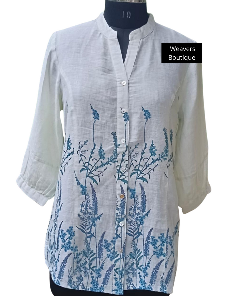White and Blue Linen Top