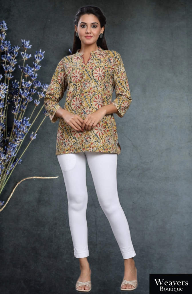 Yellow Cotton Kalamkari Printed Short Kurta
