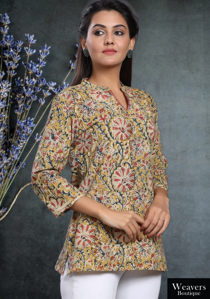 Yellow Cotton Kalamkari Printed Short Kurta