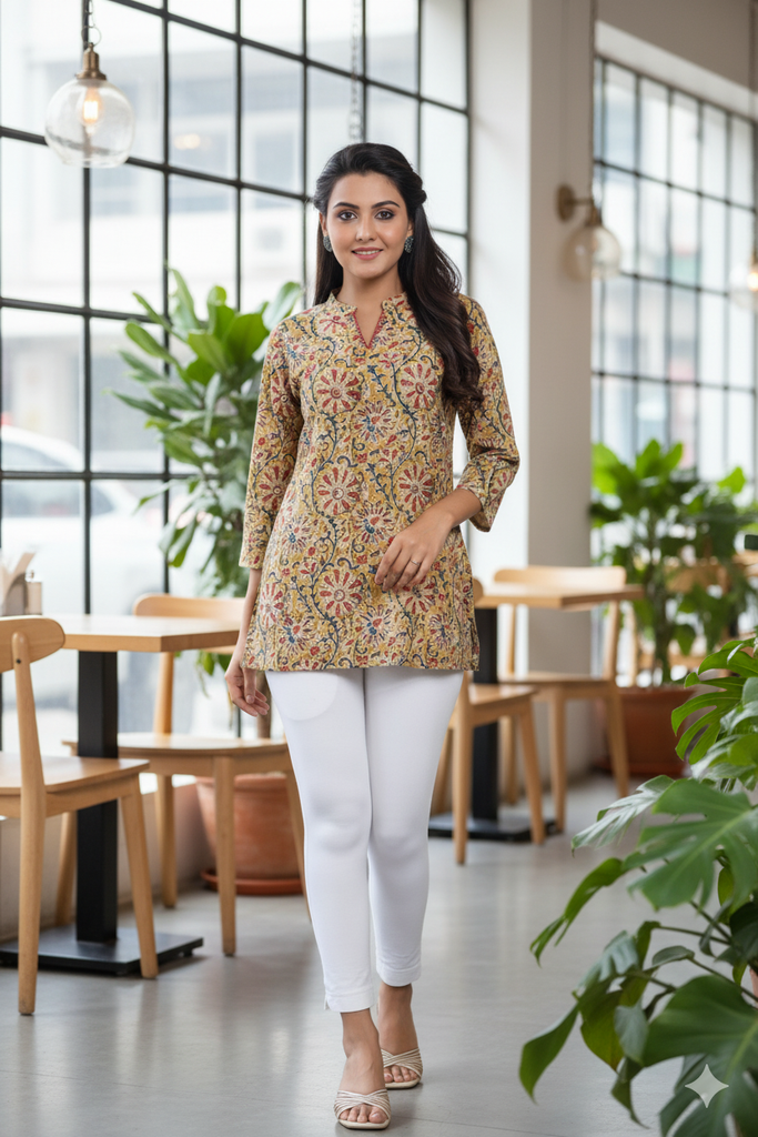 Yellow Cotton Kalamkari Printed Short Kurta