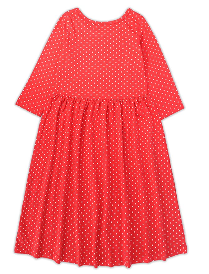 Girls Below Knee Length Dress with Sleeves - Red