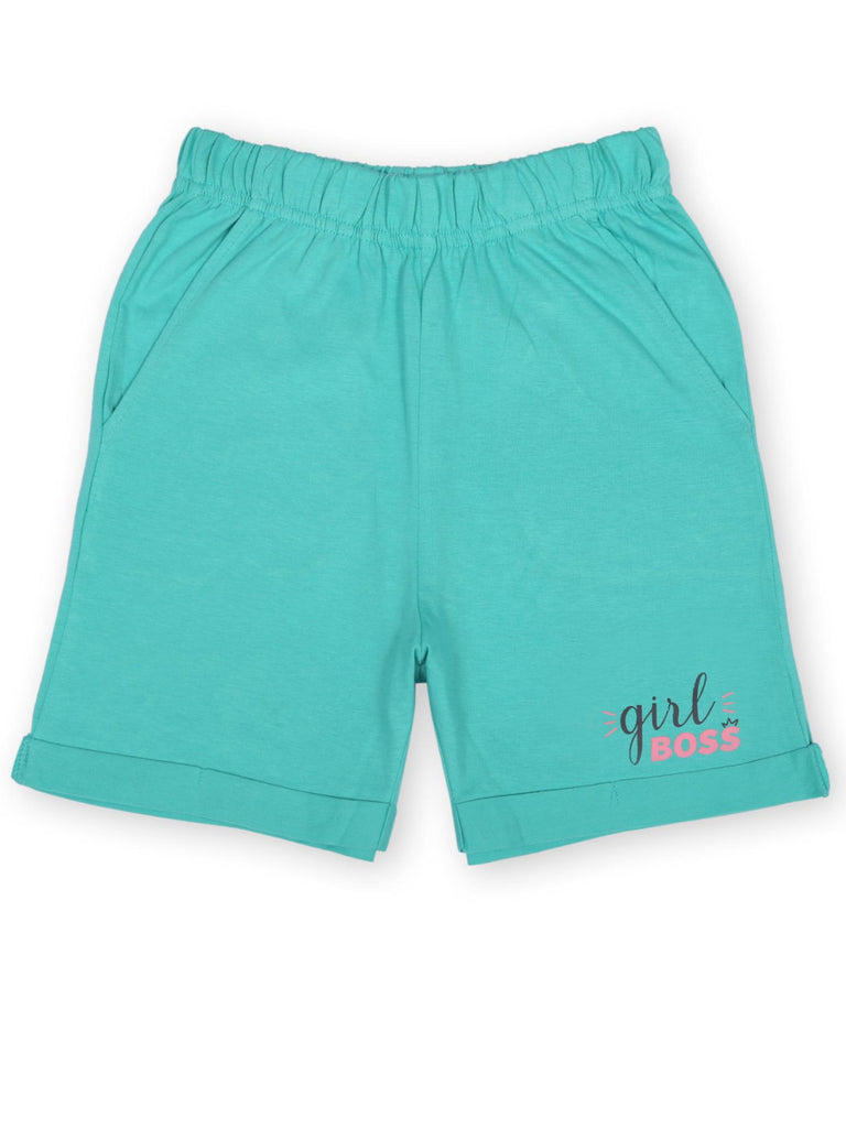 Girls Printed Cotton Pocket Rollup Shorts - Blue