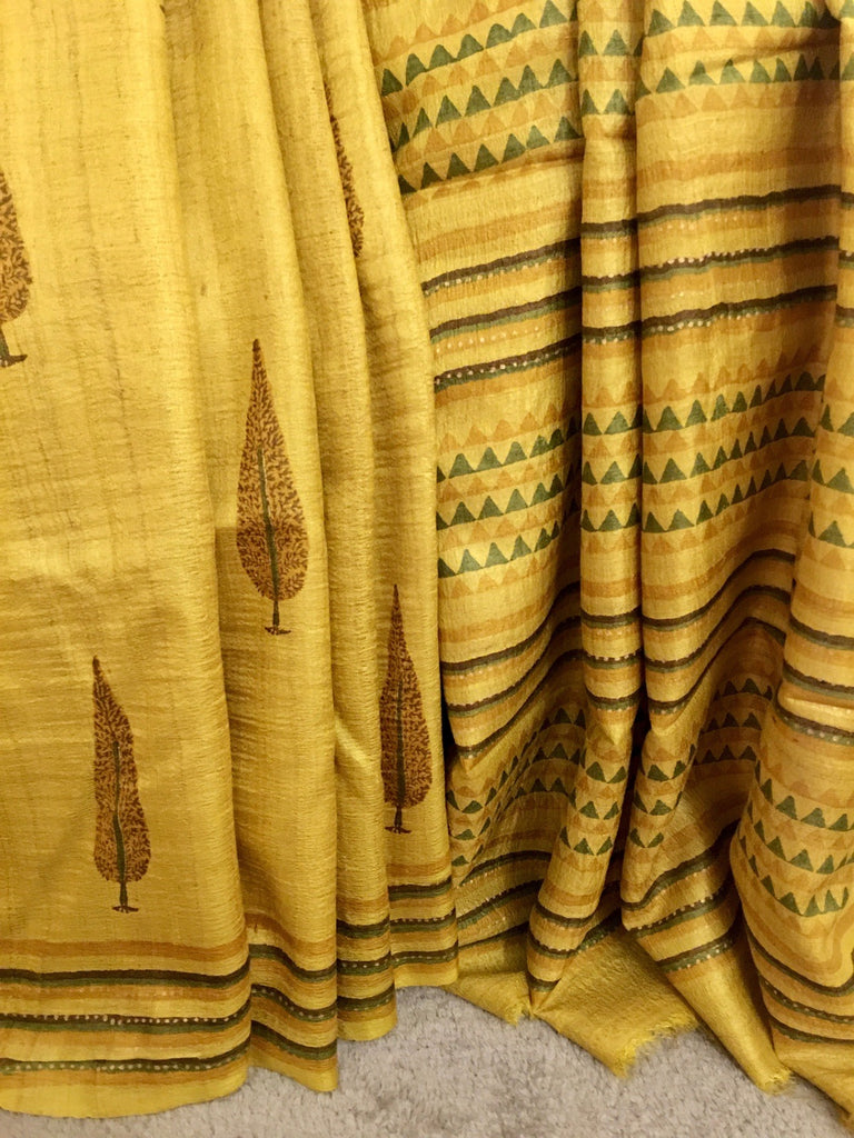 Mustard and Green Tussar Silk Saree