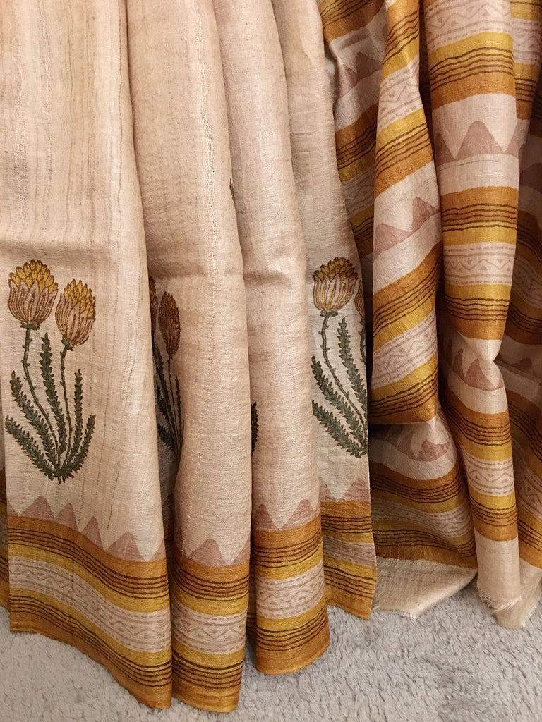 Mustard and Green Tussar Silk Saree
