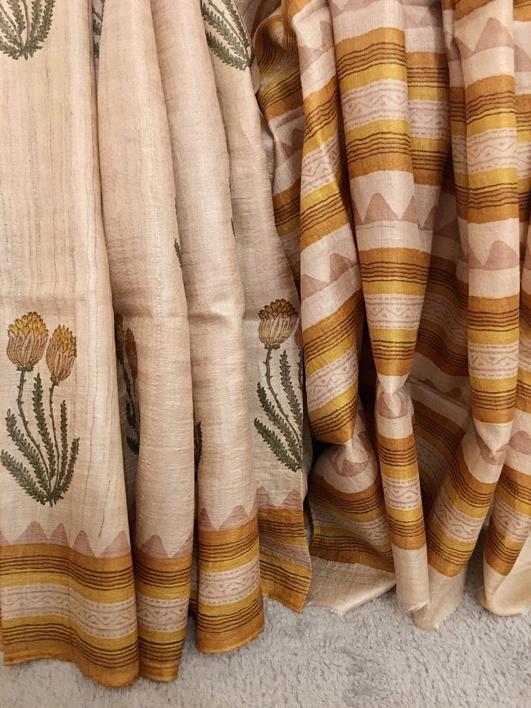 Mustard and Green Tussar Silk Saree