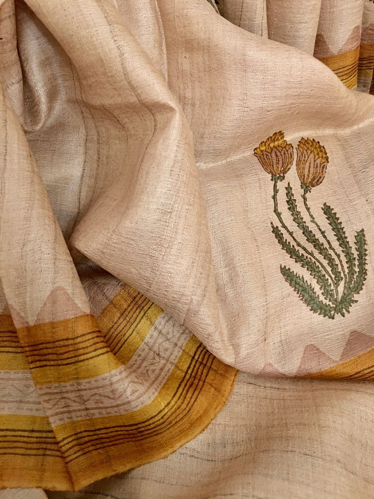 Mustard and Green Tussar Silk Saree